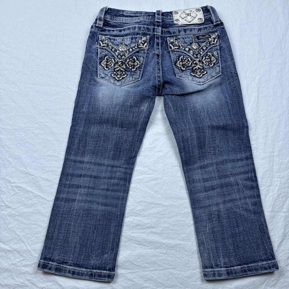 Miss Me Crop GIRLS 21x18 Jeans Cross Flap Blue Rhinestone EMBELISHED - Picture 2 of 9